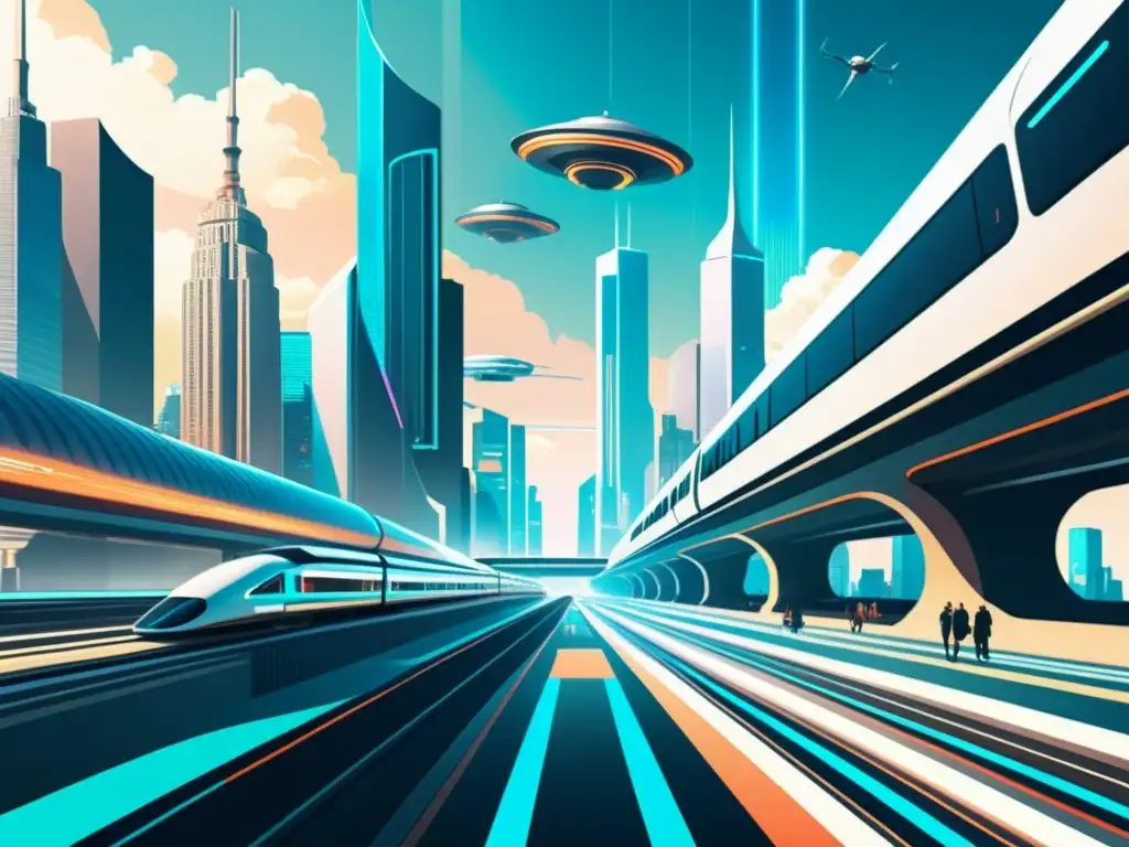 Una ilustración vintage de una ciudad futurista que fusiona realidad y tecnología virtual