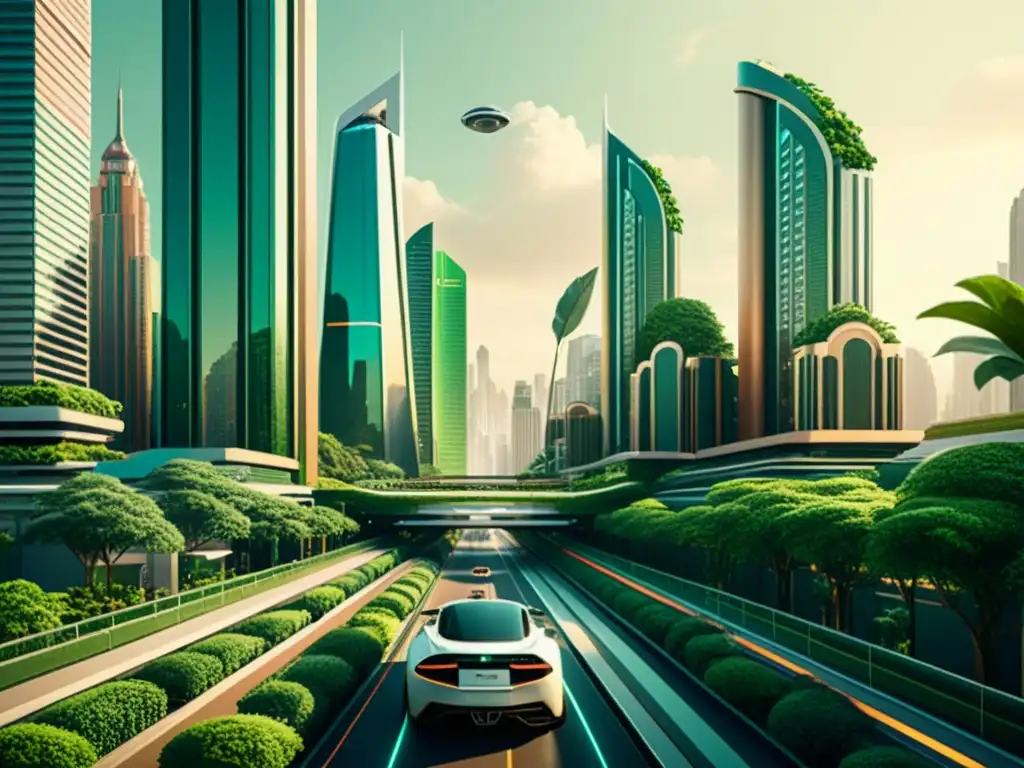 'Ilustración vintage de una ciudad futurista, fusionando tecnología y naturaleza