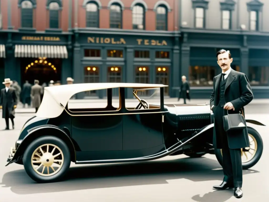 Nikola Tesla en la ciudad, junto a su prototipo de coche eléctrico