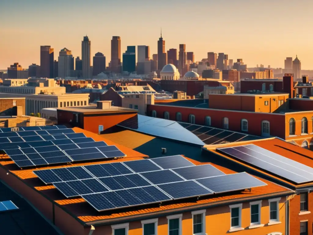 Una ciudad vintage con paneles solares en los techos, reflejando la revolución energía solar sostenibilidad en un atardecer cálido y esperanzador