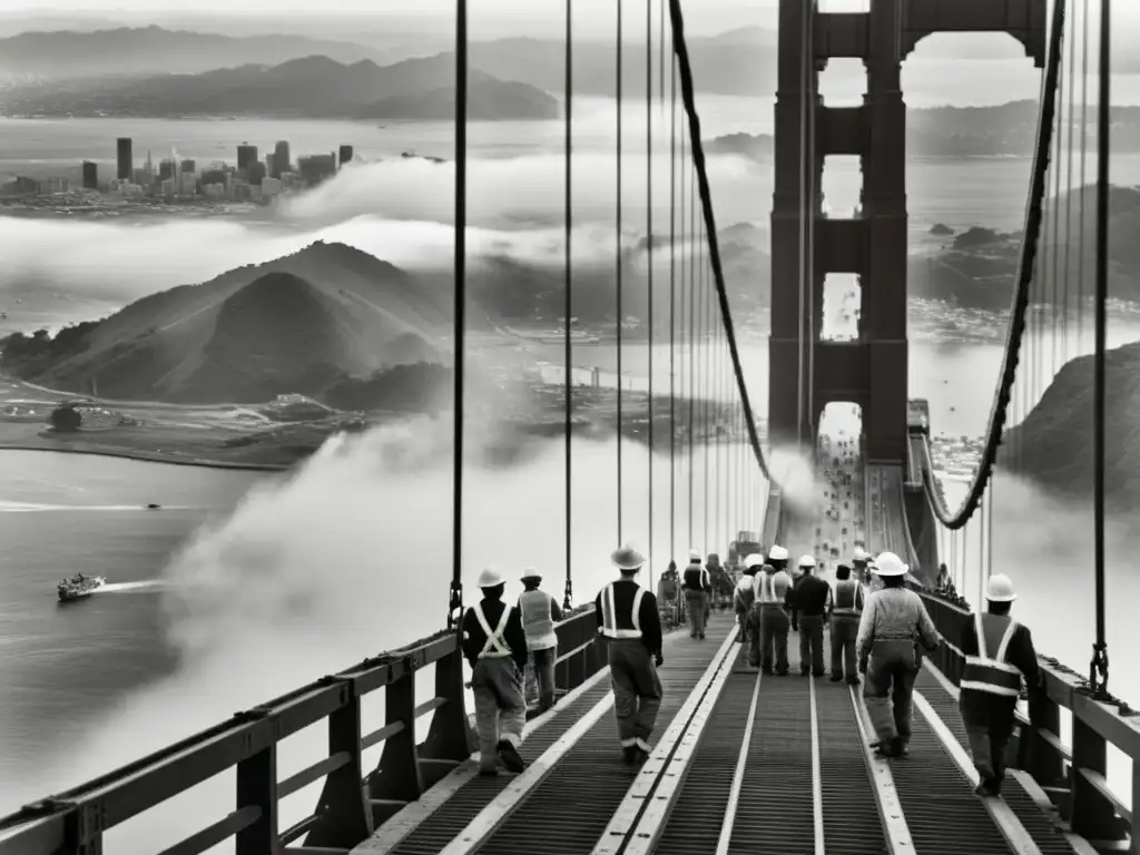 Ingeniería civil: trabajadores construyendo el icónico puente Golden Gate sobre aguas, envueltos por la neblina de San Francisco