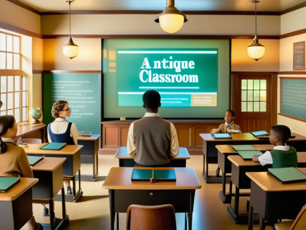 Clase antigua con estudiantes y maestro usando realidad aumentada en educación