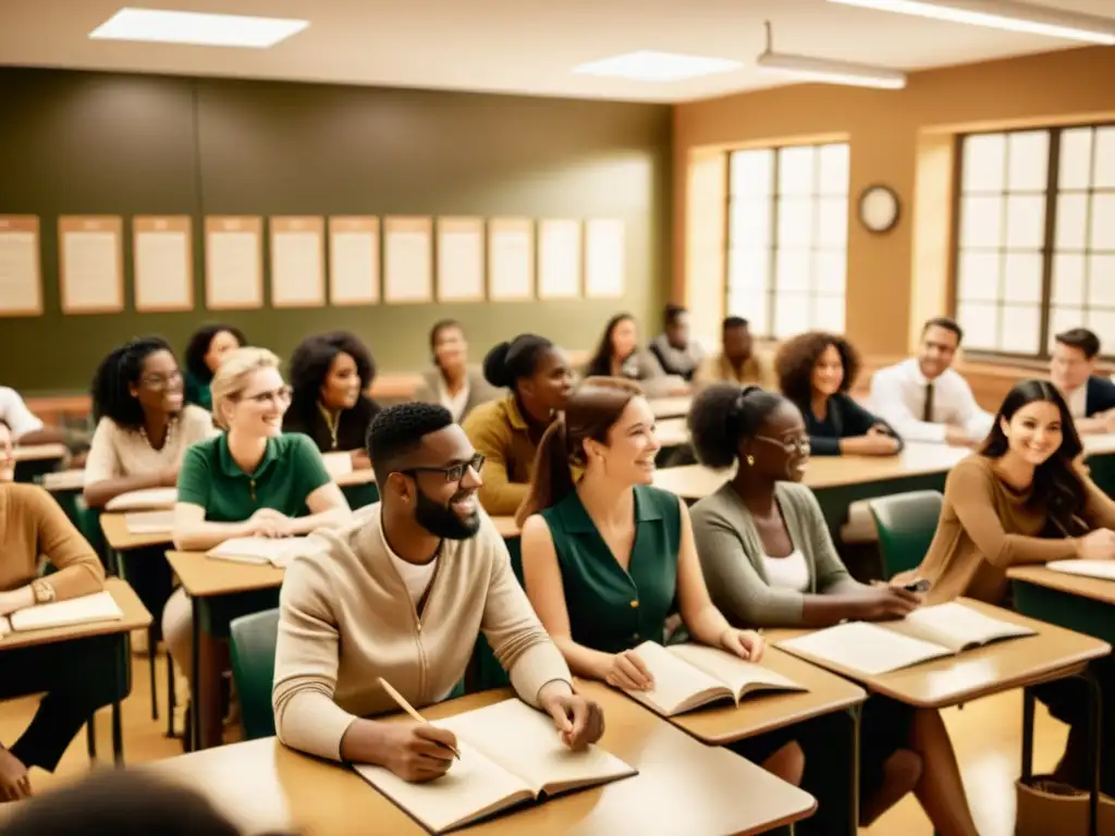 Una clase bulliciosa con instructores y estudiantes participando en actividades de aprendizaje