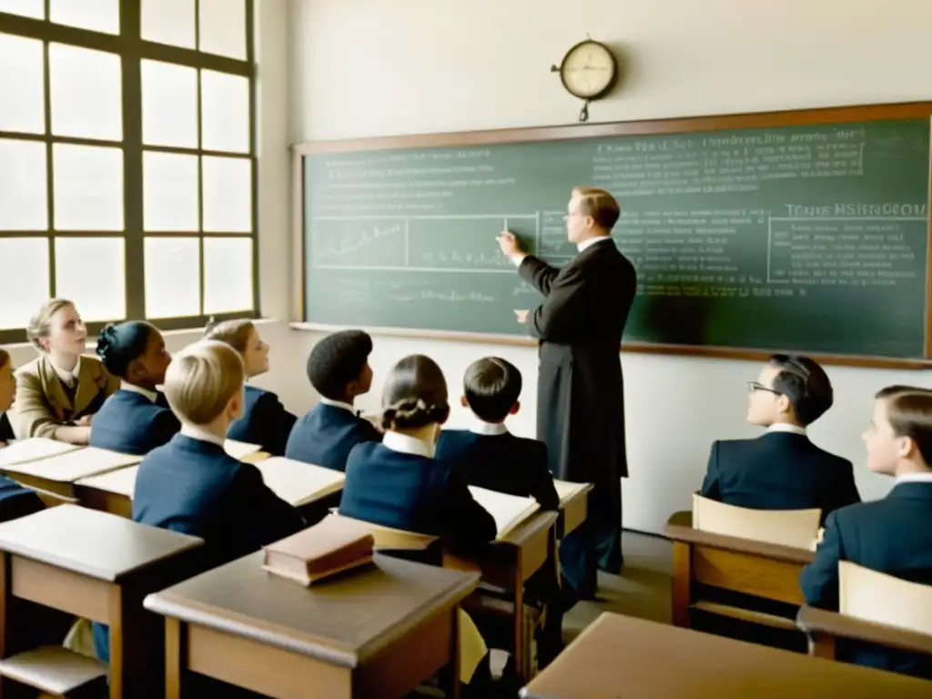 Clase histórica del siglo 20, estudiantes atentos a la maestra explicando inventos en pizarrón