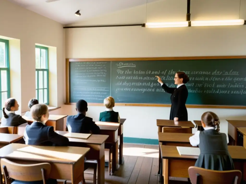 Clase vintage: Aula tradicional con estudiantes atentos Clase histórica con mobiliario y pizarrones antiguos, evocando la evolución de materiales didácticos en la historia educativa