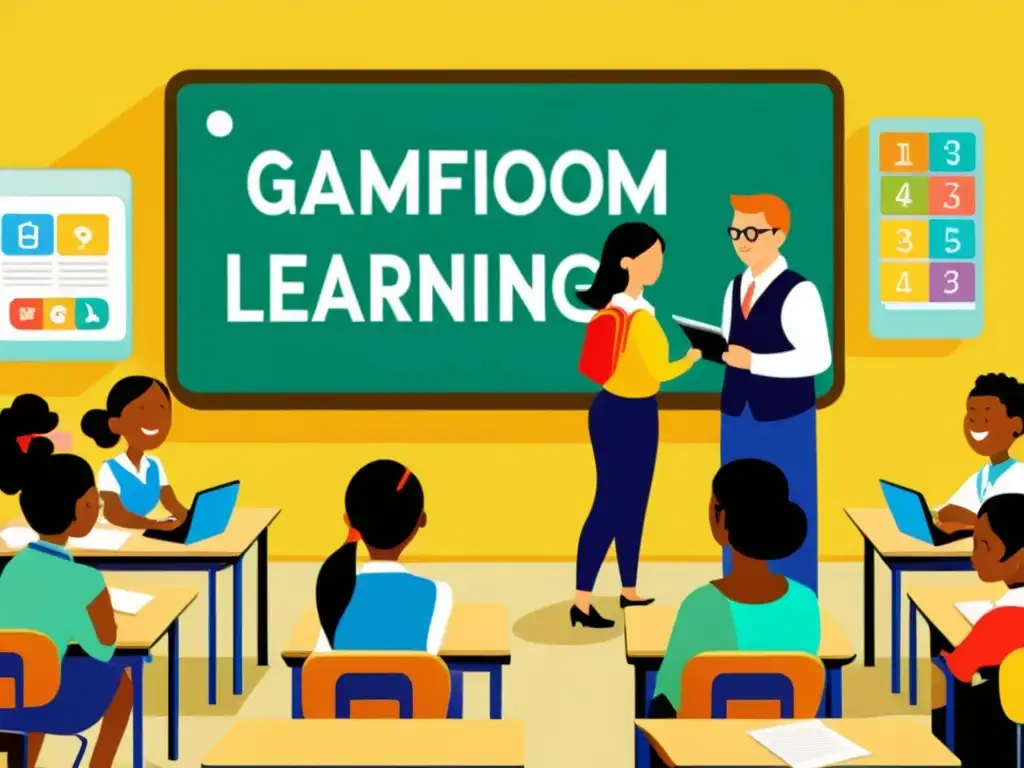 Clase interactiva con gamificación, herramientas educativas coloridas y ambiente dinámico