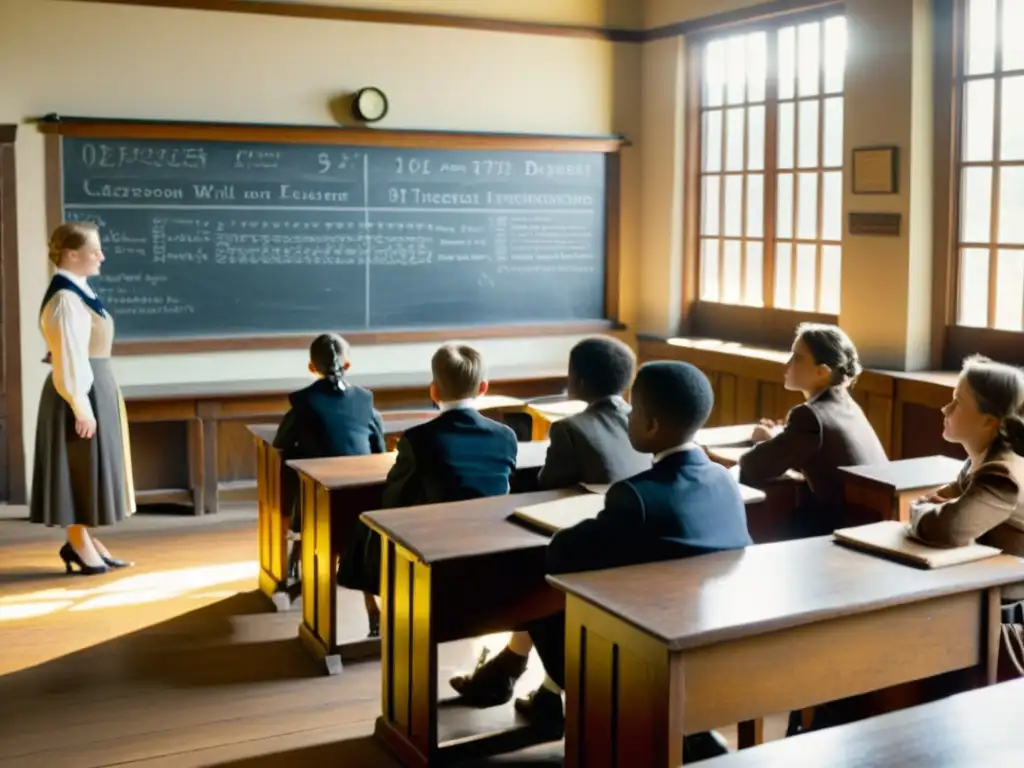 Clase del siglo XX con estudiantes atentos a maestra en pizarrón lleno de inventos históricos, en ambiente de curiosidad intelectual