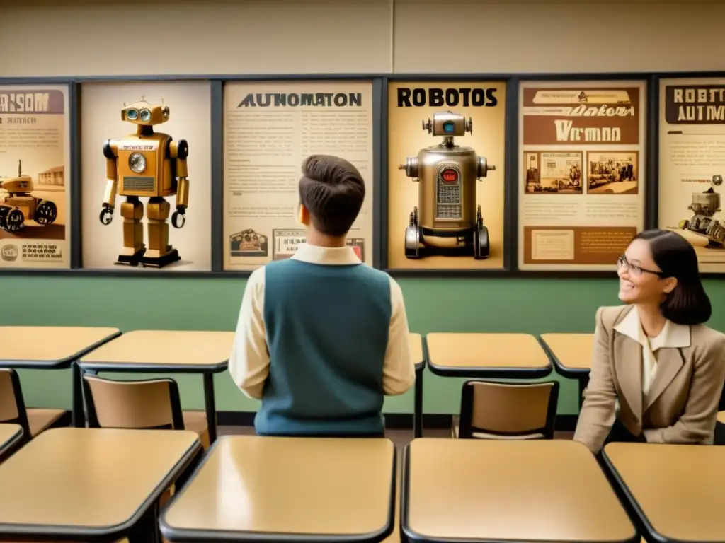 Clase vintage de robótica educativa para estudiantes del futuro, con robot retro y alumnos curiosos