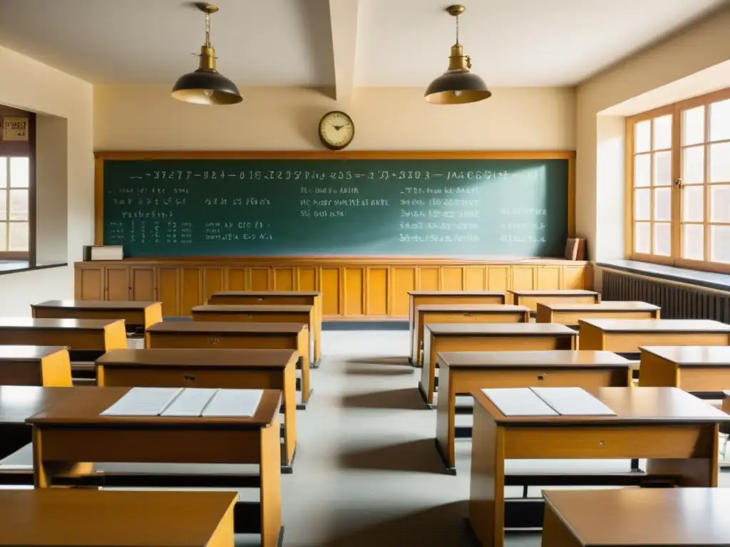 Clase vintage con escritorios de madera, pizarra llena de ecuaciones, ventanas iluminan