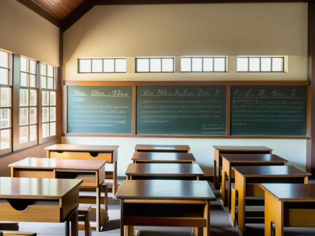 Clase vintage con escritorios de madera, pizarrón lleno de notas manuscritas, ventanales y carteles educativos