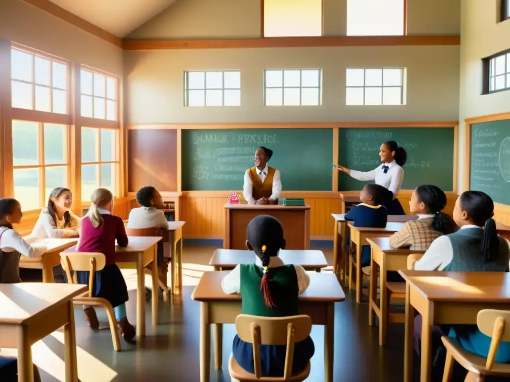 Clase vintage con estrategias lúdicas en educación: estudiantes participando en juegos educativos mientras el profesor guía la dinámica