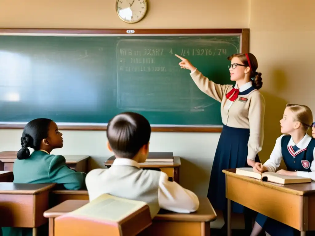 'Clase vintage con estudiantes atentos a lección, maestra señalando televisor antiguo