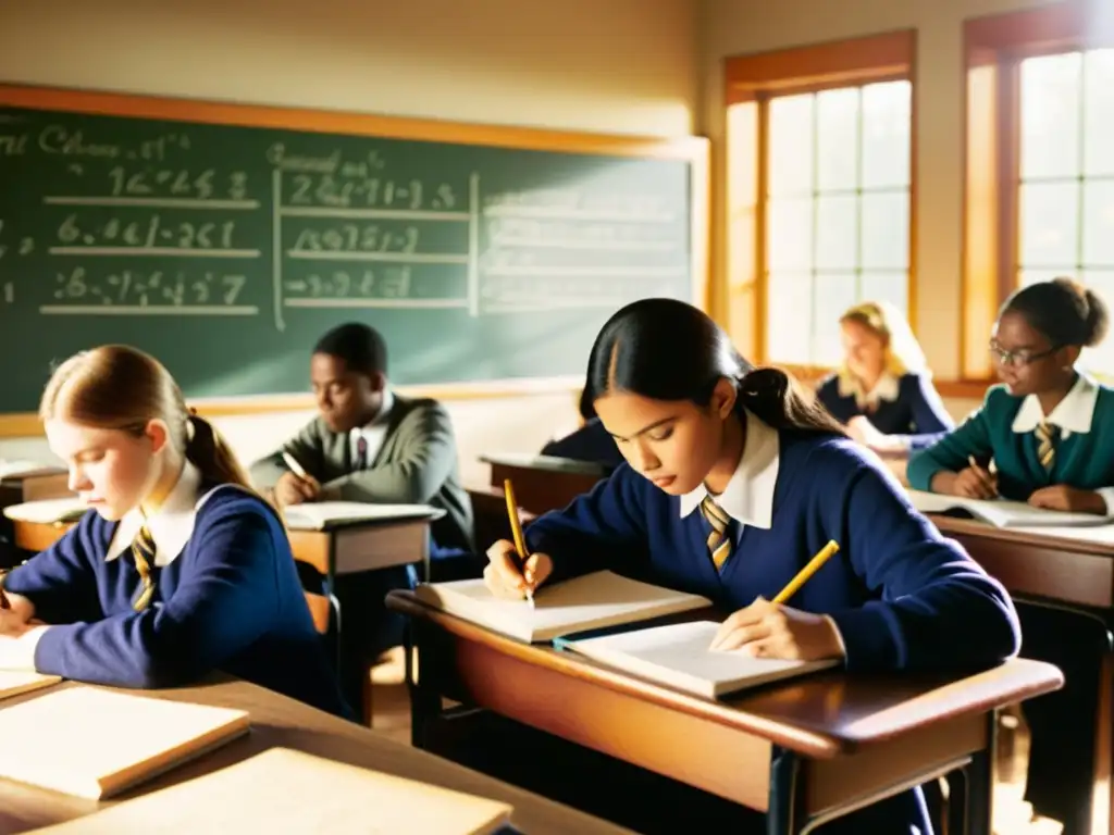 Clase vintage llena de estudiantes escribiendo con bolígrafos, el sol ilumina la escena