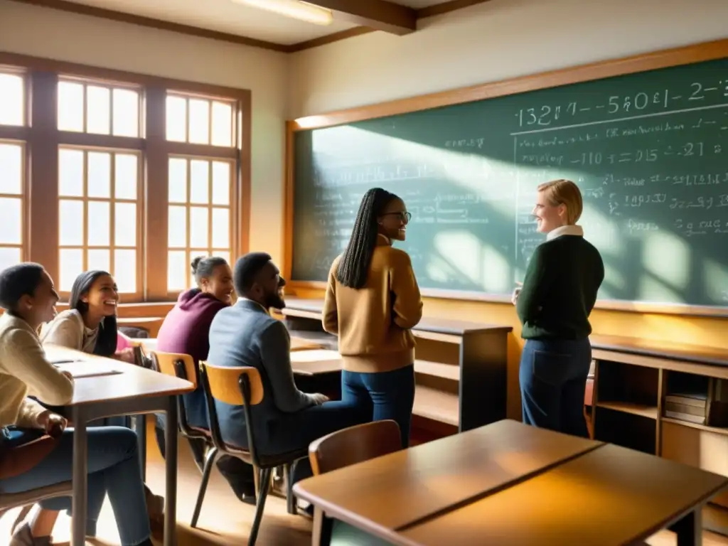 Una clase vintage llena de vida con estudiantes diversos discutiendo, mientras el profesor señala un diagrama en la pizarra