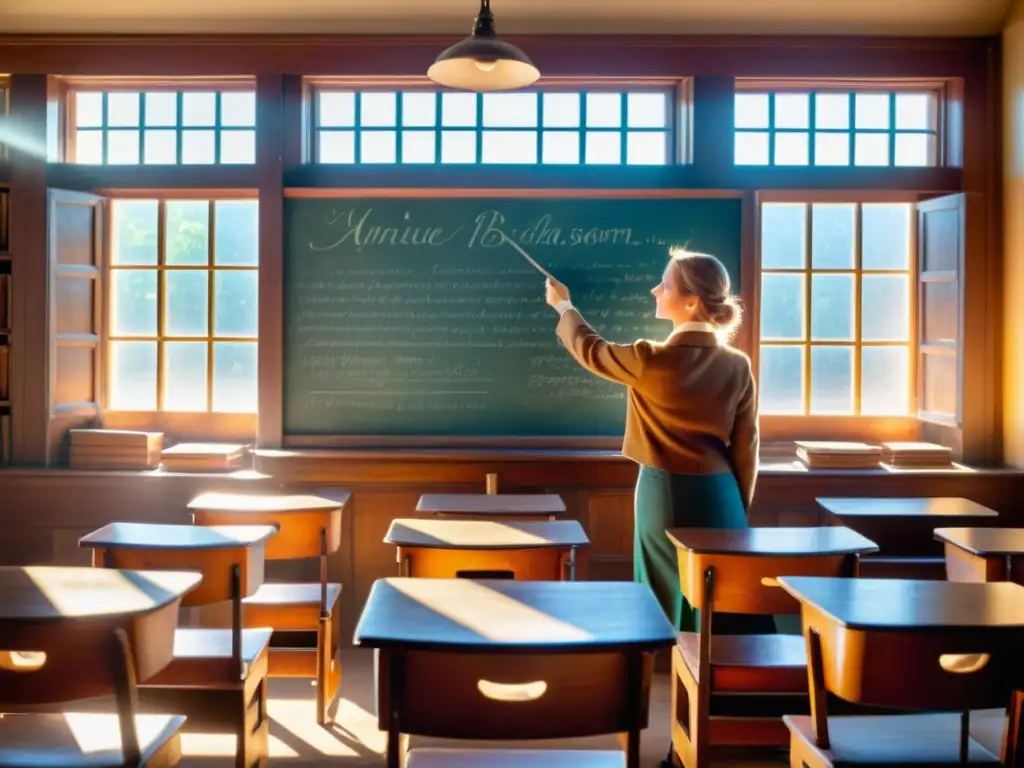 Clase vintage con mobiliario antiguo, pizarra y luz solar