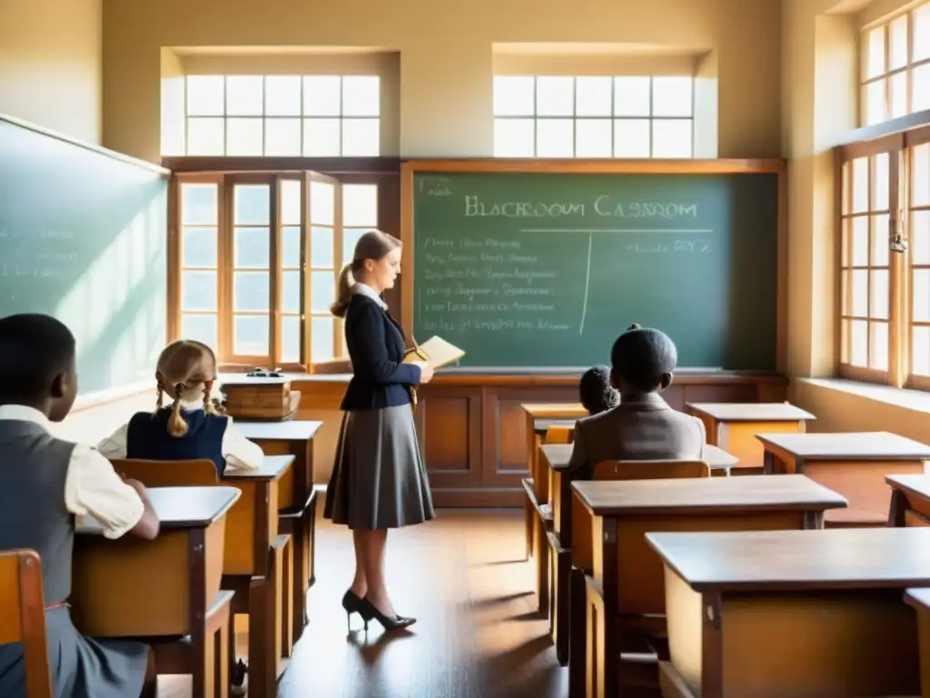 Una clase vintage con mobiliario de madera, pizarra y grandes ventanas