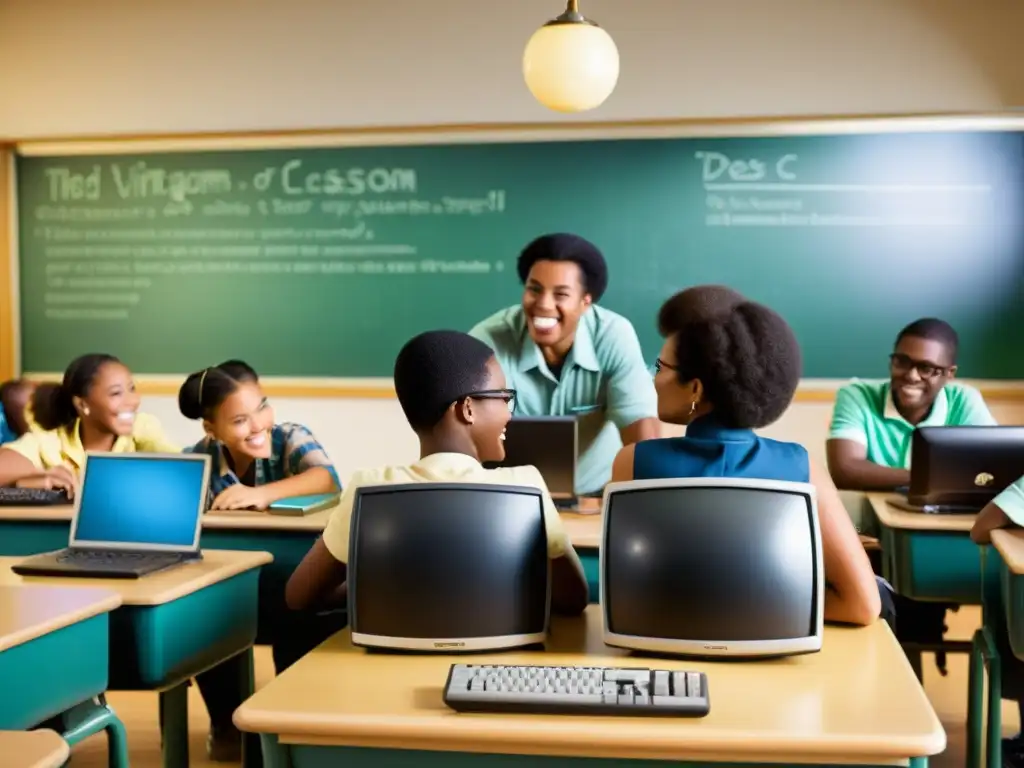 Una clase vintage de programación efectiva, con estudiantes colaborando en computadoras mientras el profesor guía