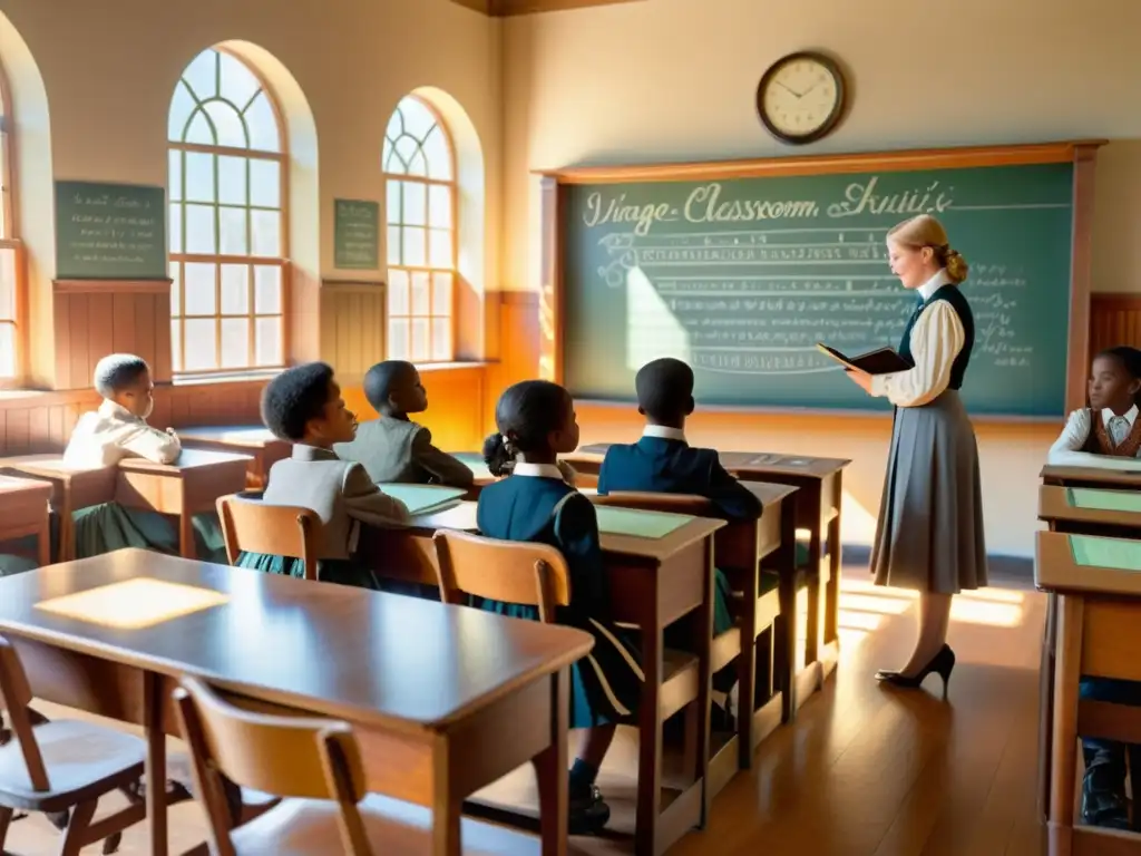 Clase vintage con realidad aumentada, estudiantes entusiastas, tiza en pizarra y luz cálida, impacto de la realidad aumentada en la educación