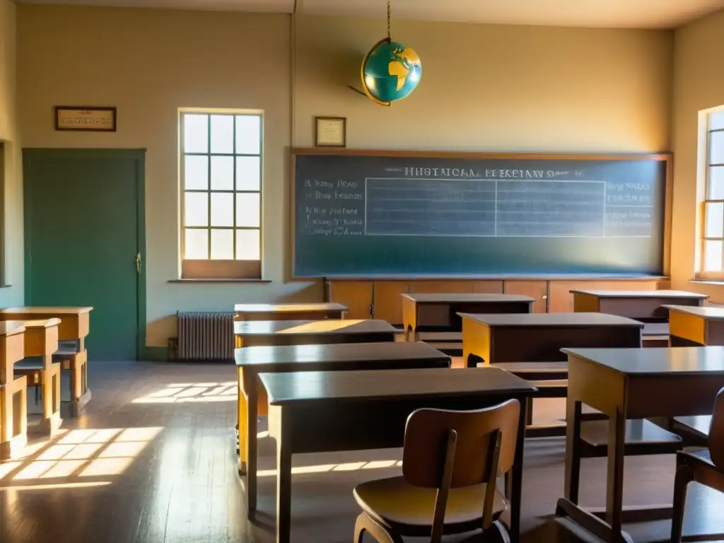 Clásica aula con mobiliario vintage y cartelera desgastada, evocando nostalgia y el paso del tiempo en la educación