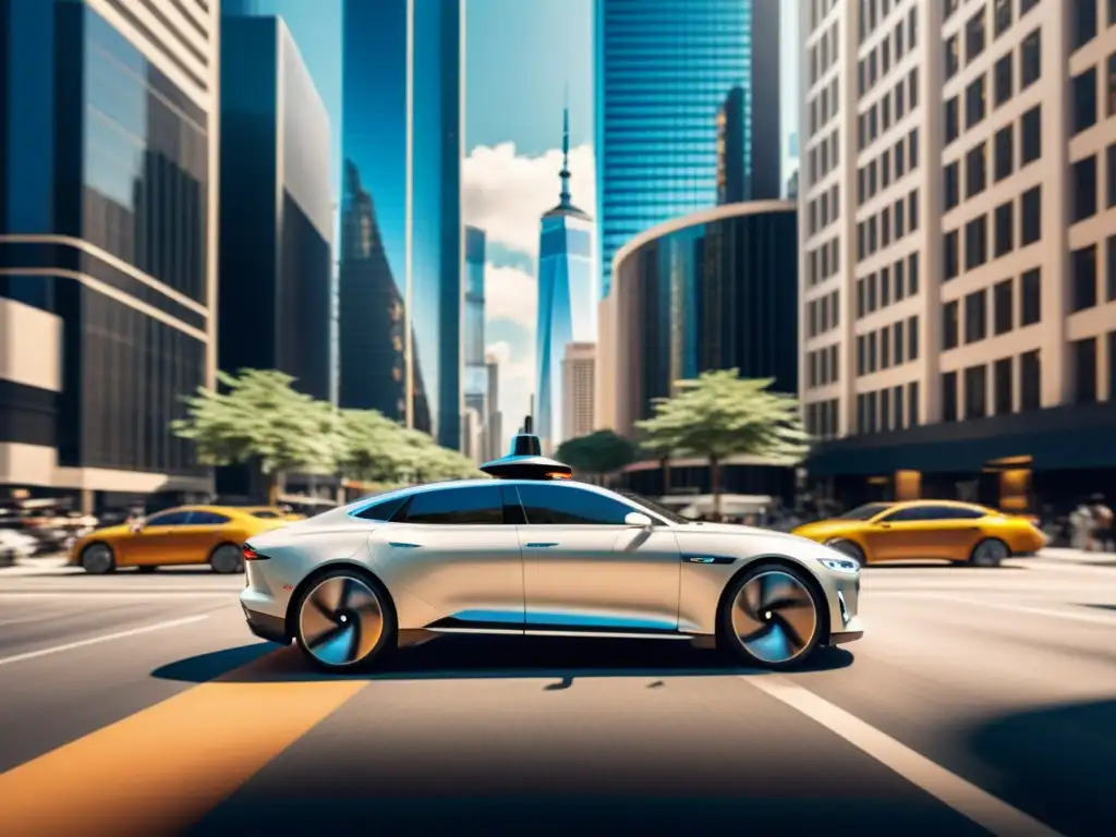 Un coche autónomo desafiando técnicos, recorriendo una bulliciosa calle de la ciudad entre rascacielos futuristas y arquitectura moderna