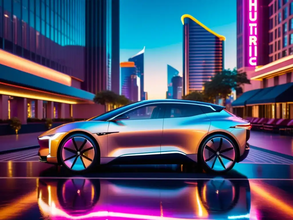 Un coche eléctrico con diseño retrofuturista en una ciudad futurista, rodeado de luces de neón y rascacielos