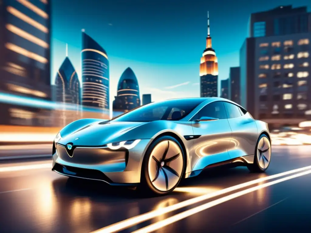 Un coche eléctrico autónomo de diseño futurista surcando una ciudad, reflejando avances vehículos eléctricos autónomos futuro