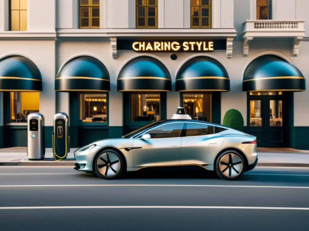 Un coche eléctrico vintage se carga en una estación de carga retro, en una bulliciosa ciudad llena de gente y arquitectura clásica