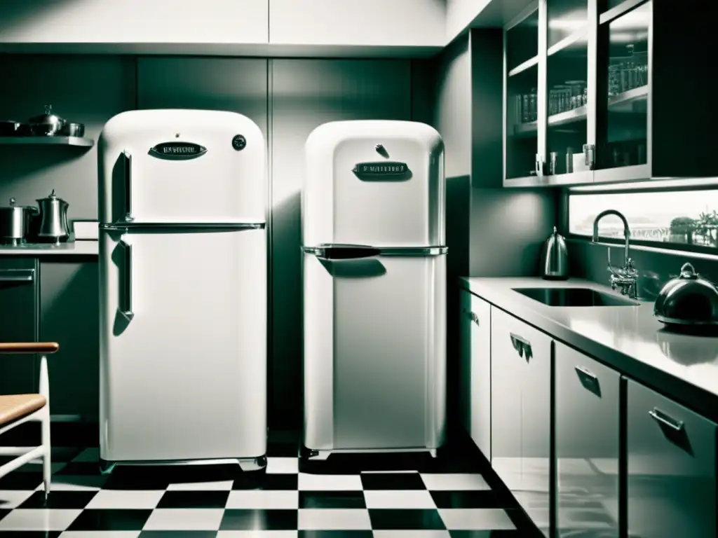 Una cocina de los años 50 con un refrigerador futurista y anuncios de tecnología energéticamente eficiente