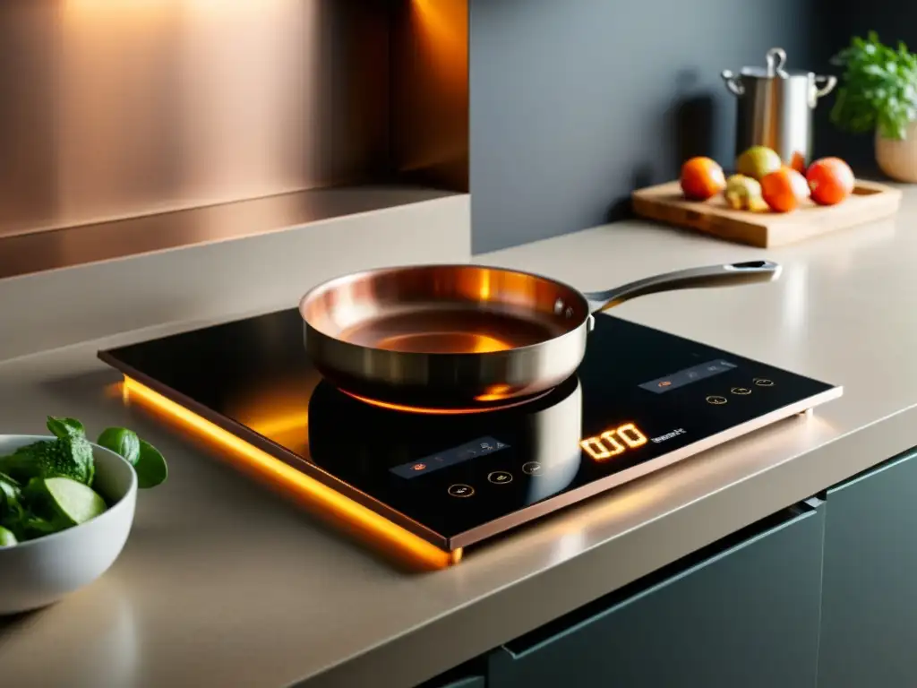 Una cocina de inducción magnética energéticamente eficiente con elegancia atemporal y tecnología de vanguardia, iluminada por una suave luz cálida