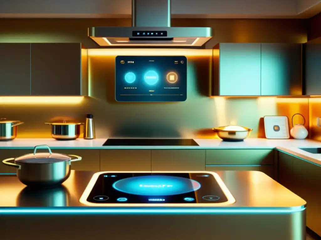 Una cocina futurista con asistentes virtuales para cocina del futuro, mostrando una combinación de tecnología y nostalgia