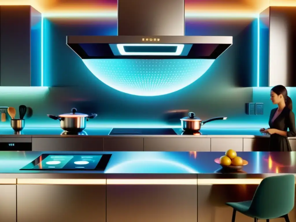 Una cocina futurista con asistentes virtuales para cocina del futuro, tecnología avanzada y ambiente cálido