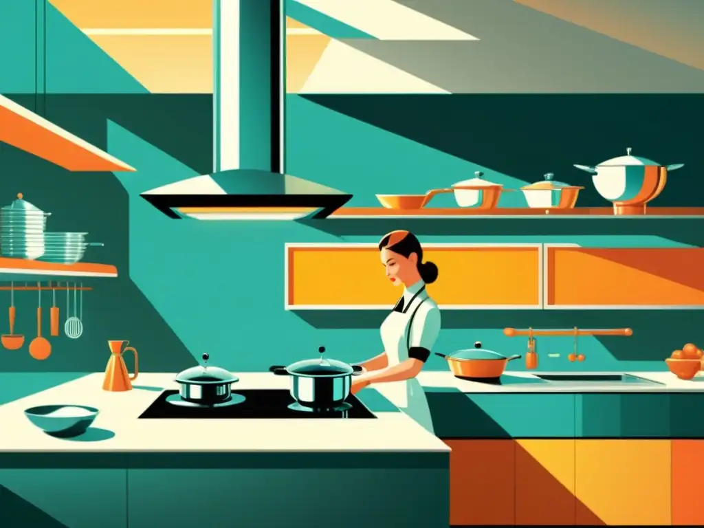 Una cocina futurista con innovaciones para cocinar de manera inteligente, elegante y llena de tecnología retrofuturista