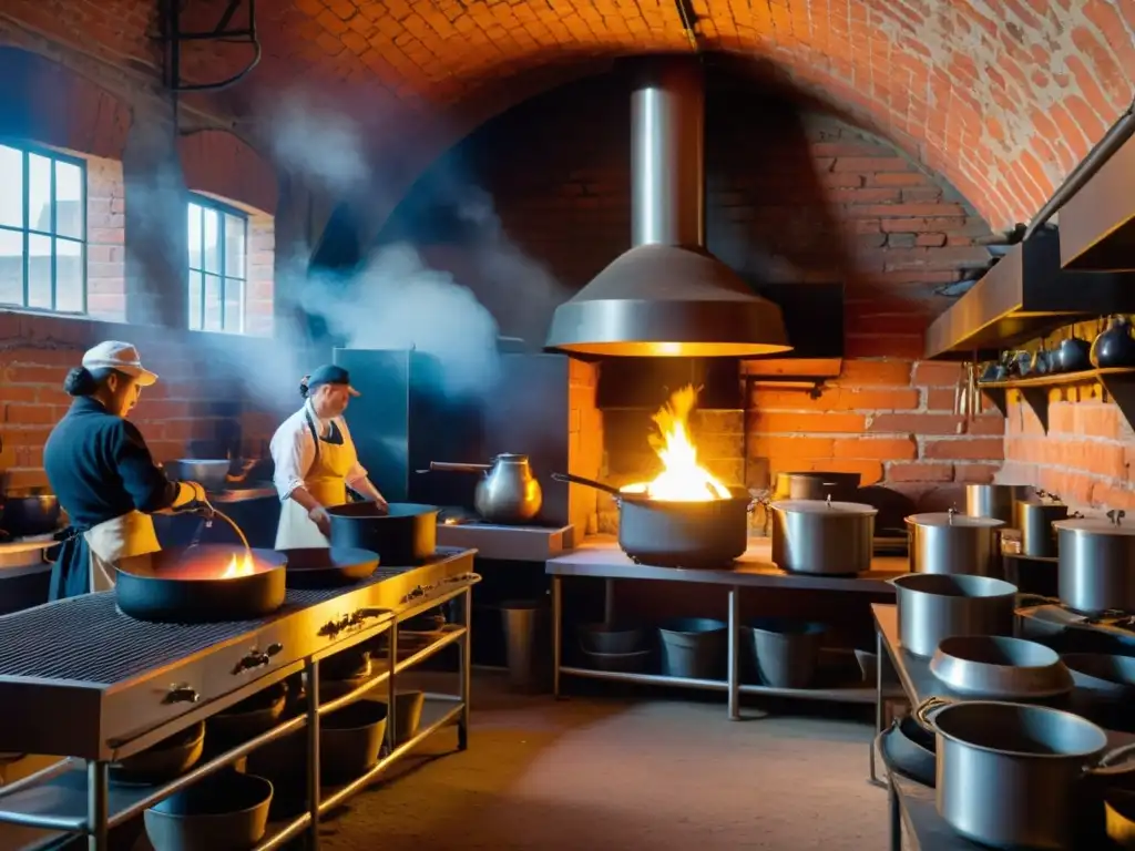 Una cocina industrial del siglo XIX bulliciosa con hornos de ladrillo, ollas de metal y trabajadores