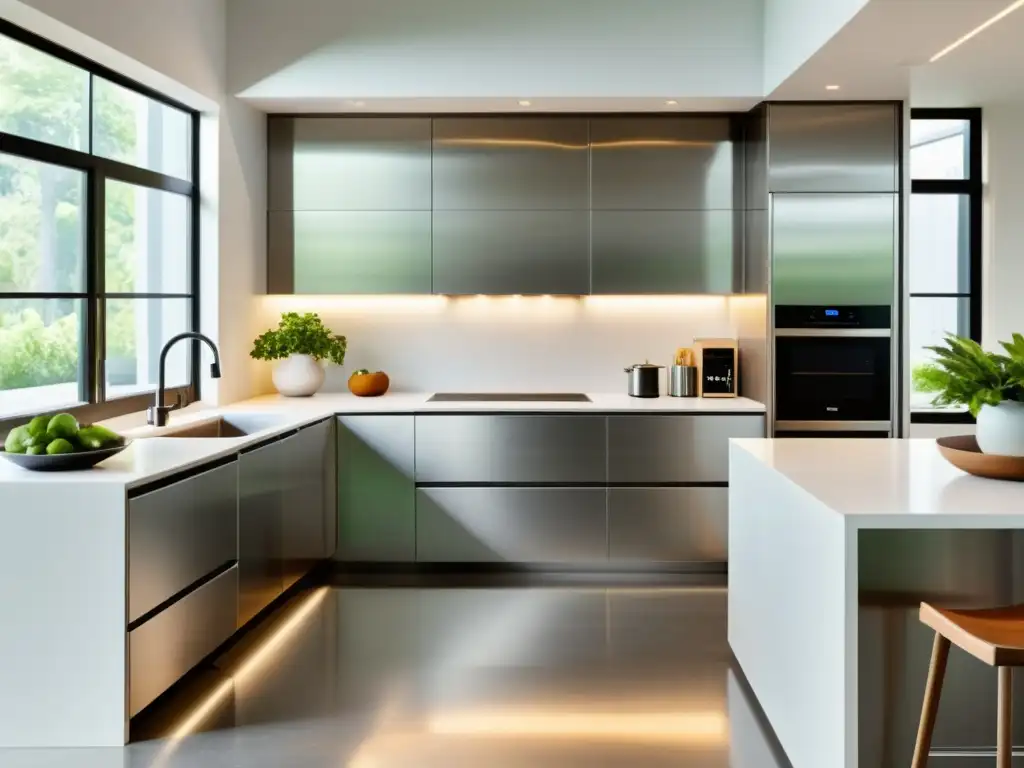 Una cocina moderna y elegante con electrodomésticos bajo consumo y huella energética, iluminada con luz natural y detalles ecofriendly