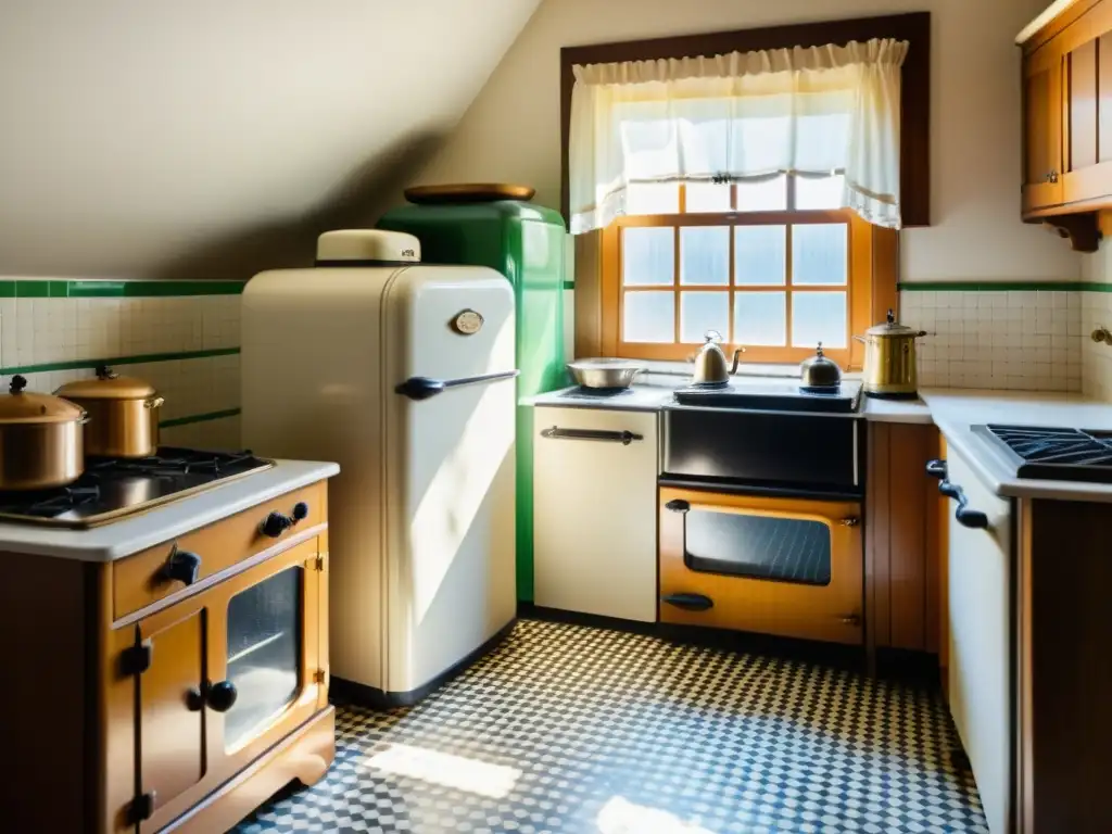 Una cocina vintage de los años 1920 con electrodomésticos antiguos, suelo de baldosas en blanco y negro, y una atmósfera acogedora