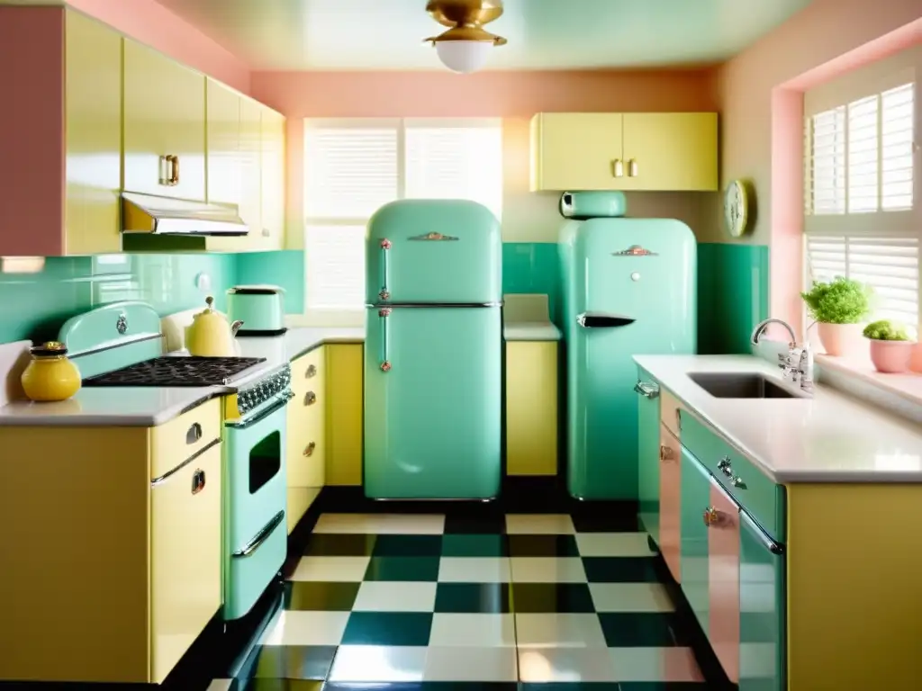 Una cocina vintage de los años 50 con avances en dispositivos domótica conectividad hogar, en tonos pastel y ambiente cálido nostálgico