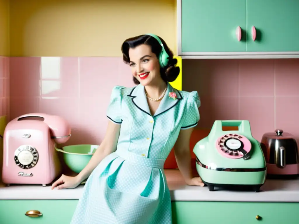 Una cocina vintage con electrodomésticos color pastel y una mujer sonriente, junto a un asistente virtual para cocina del futuro