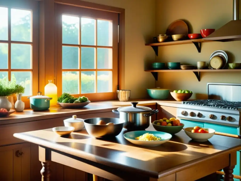 Una cocina vintage con una mesa rústica preparada para un festín, con ingredientes coloridos y asistentes virtuales para cocina del futuro