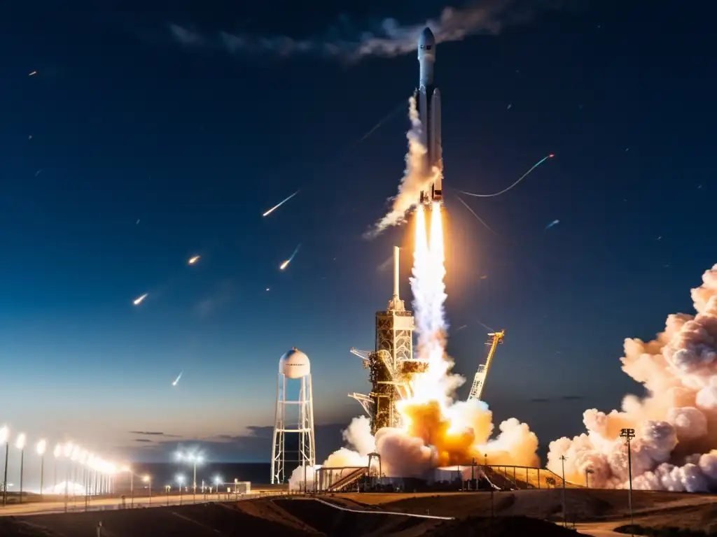 Un cohete SpaceX Falcon 9 despega de noche, iluminando el paisaje y mostrando el impacto de la carrera espacial privada en la humanidad