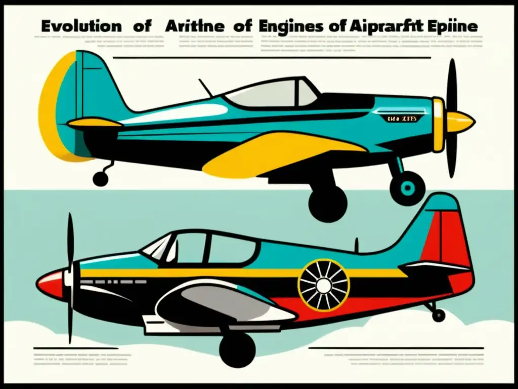 Comparativa de la evolución de motores aeronaves: detallada ilustración vintage muestra la transición de aviones de hélice a aviones a reacción