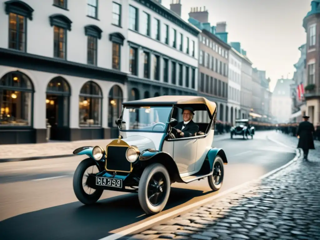 Competencia global vehículos eléctricos: Fotografía vintage en blanco y negro de un automóvil eléctrico temprano circulando por una calle empedrada, rodeado de edificios históricos y personas vestidas de época