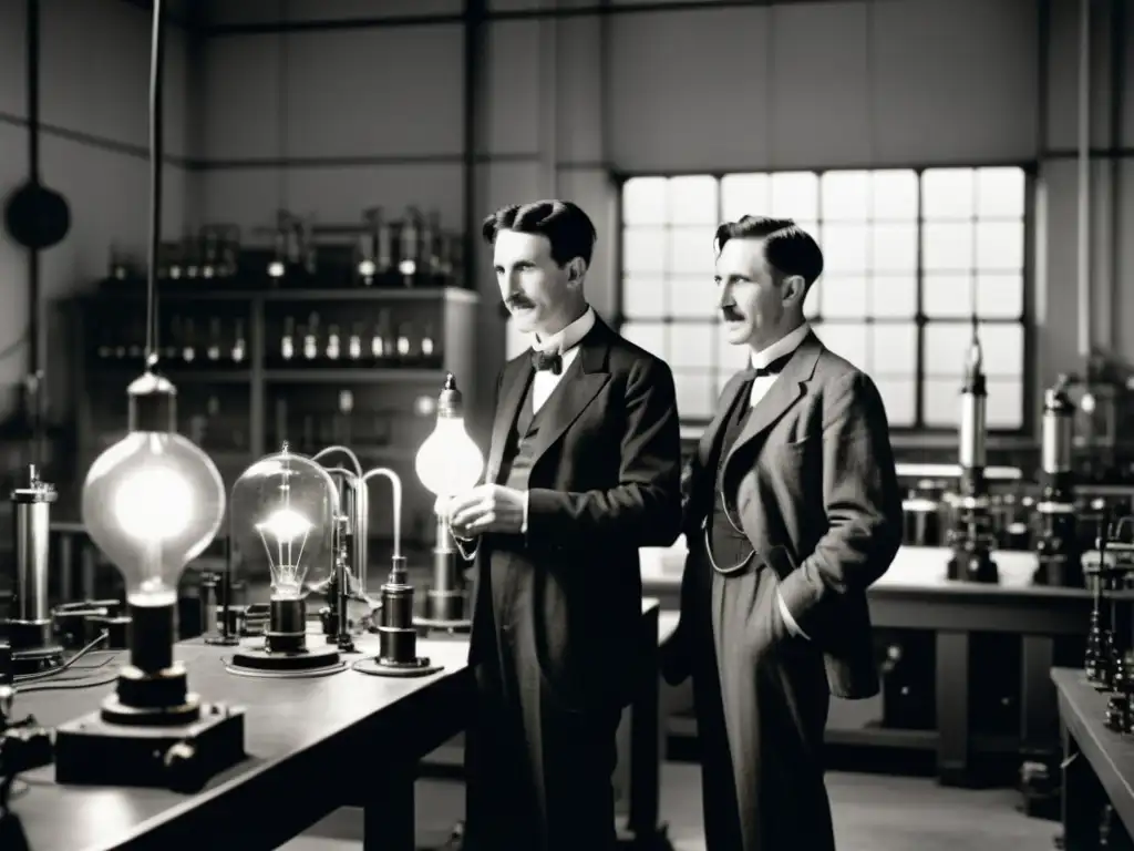 Competencia entre Tesla y Edison en un laboratorio vintage, rodeados de equipos eléctricos en blanco y negro