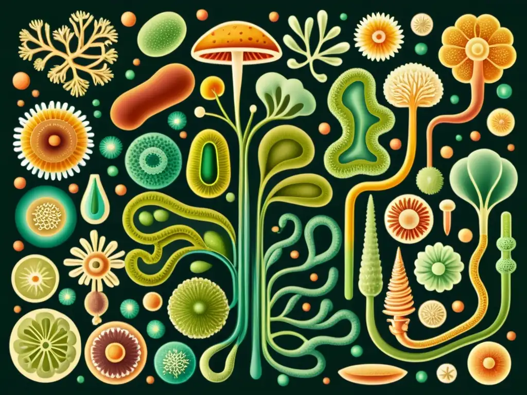 Una ilustración vintage de una compleja comunidad microbiana, evocando el impacto en la salud y la farmacéutica