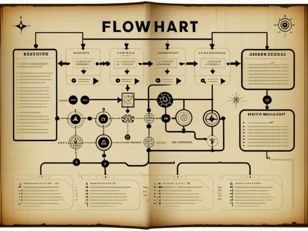 Compleja ilustración vintage de un diagrama de algoritmo, detallado y visualmente impactante, sobre papel envejecido