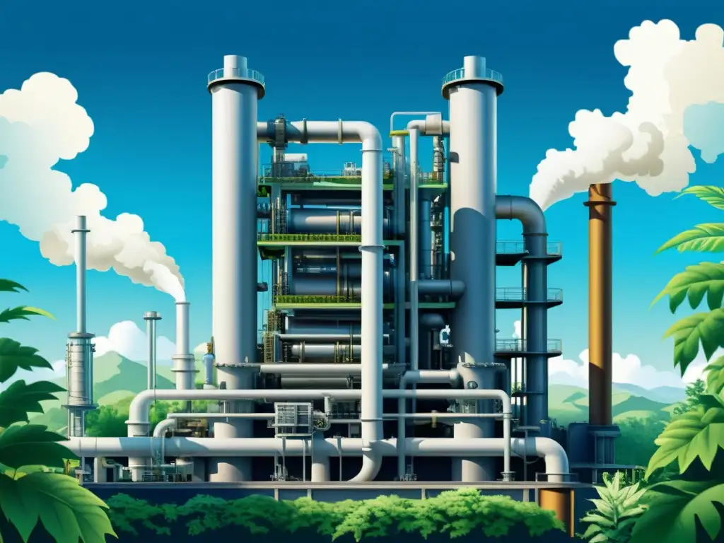 Una ilustración vintage de una compleja máquina de captura de carbono en medio de exuberante vegetación y cielos azules