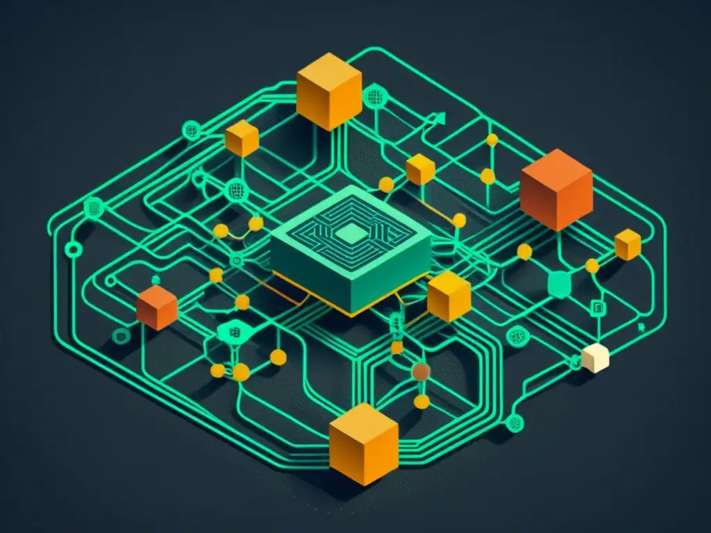 Una ilustración vintage de una compleja red de bloques interconectados que representan smart contracts en el blockchain