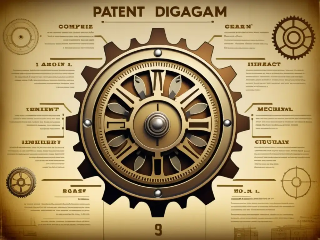 Complejo diagrama de patente vintage, detallado en sepia, simbolizando el impacto de las patentes tecnológicas en la innovación