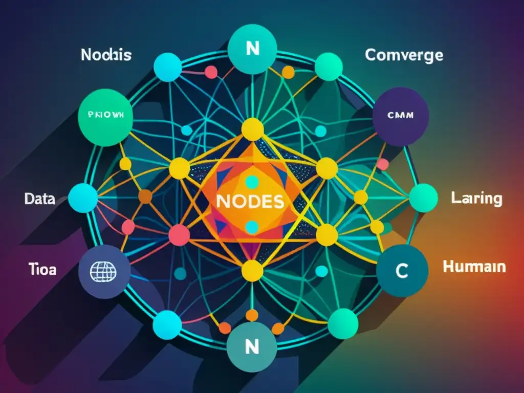 Un complejo diagrama de red neuronal con colores vibrantes que representan el flujo de datos y procesos de aprendizaje