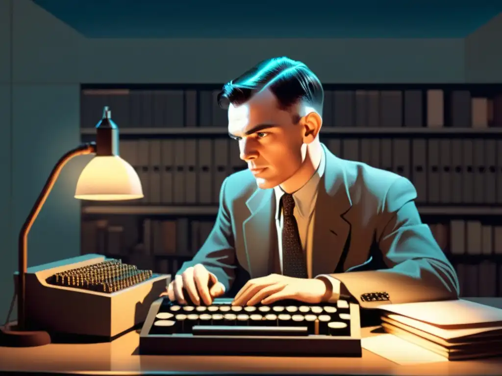 Alan Turing, pionero de la computación, concentrado en su trabajo en una escena de laboratorio de la era temprana de la informática