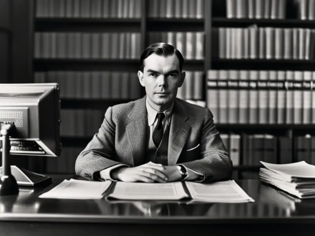 Alan Turing, pionero de la computación, en su oficina rodeado de papeles, proyecta determinación e inteligencia